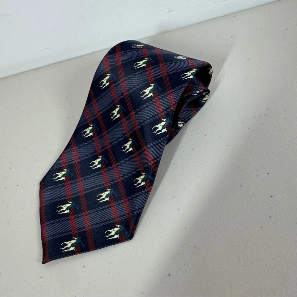 René Chagal Silk Polo Horse Tie Navy Plaid Equestrian Designer Necktie - Picture 3 of 12